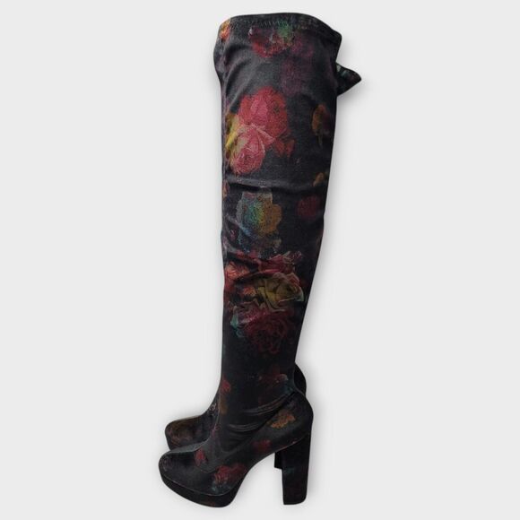 Madden Girl Groupie Black Floral Velvet Over The Knee Platform Heel Boot Size 9 - Picture 12 of 13